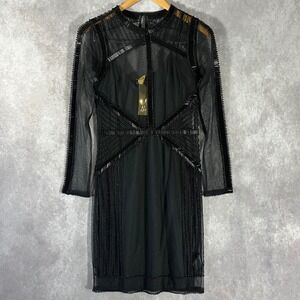 H&M Beaded Mesh Mini Dress Womens 6 Black Long Sleeve Geometric Embellished‎ NEW